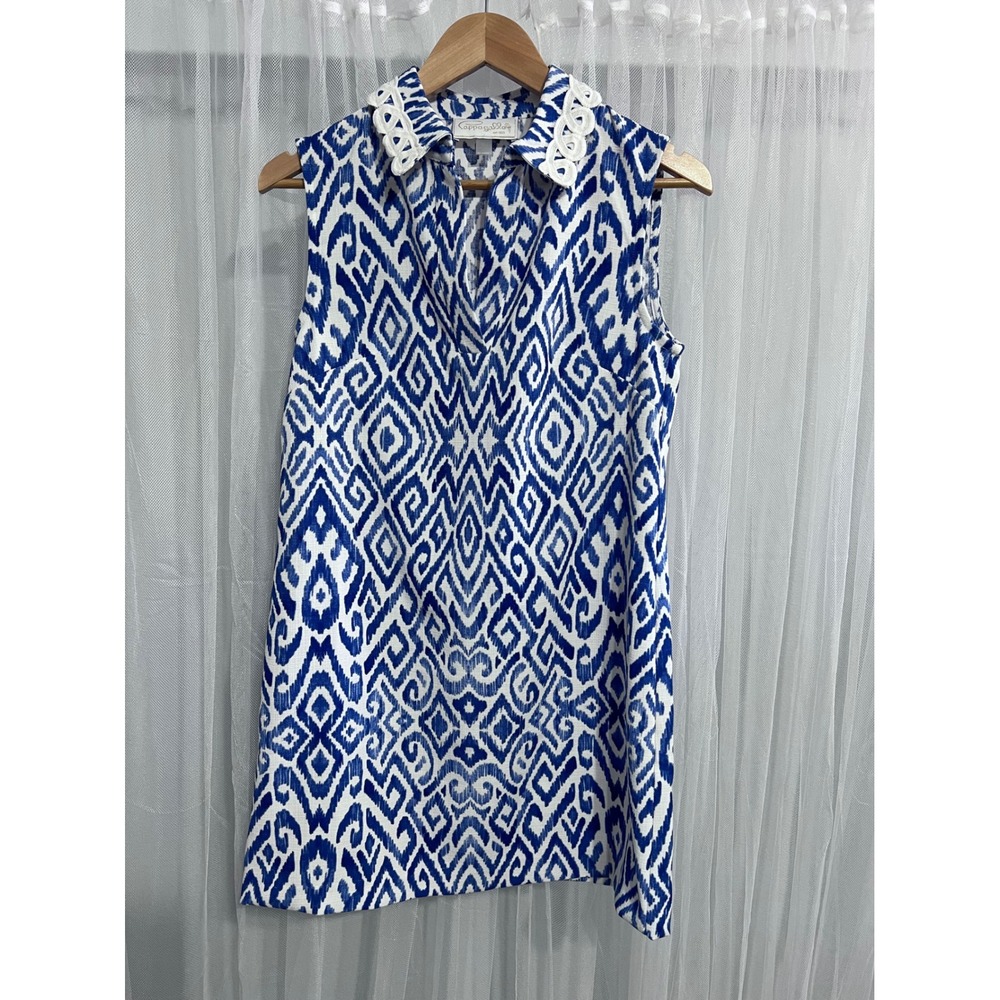 Pappagallo Womens‎ Blue White Ikat Diamond Shift Dress Crochet Collar Small